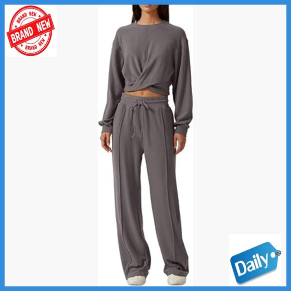 Pants - Large 2-Piece Tracksuit Set, Cropped Sweatshirt & Wide Leg Sweatpants, Athletic